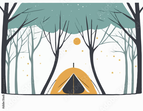 High-quality vector icon of a cozy camping setup with a tent under two symmetrical trees, designed with golden ratio proportions. White background for easy transparency use.