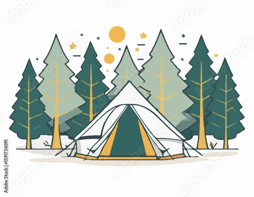 High-quality vector icon of a cozy camping setup with a tent under two symmetrical trees, designed with golden ratio proportions. White background for easy transparency use.