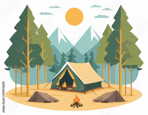 High-quality vector icon of a cozy camping setup with a tent under two symmetrical trees, designed with golden ratio proportions. White background for easy transparency use.