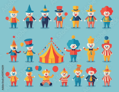 Isometric circus party fun carnival clowns funny performance characters icons set isolated 3d flat design vector illustration