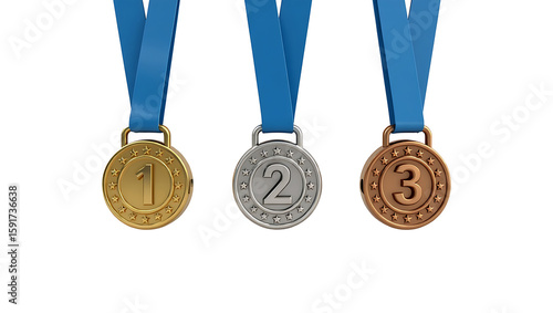 Gold, Silver, and Bronze Medals with Blue Ribbons – 3D Render
