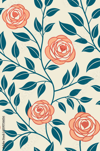 Coral roses and teal leaves floral pattern vines
