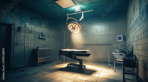 Eerie Operating Room: Dramatic Lighting, Surgical Table, Grungy Atmosphere.