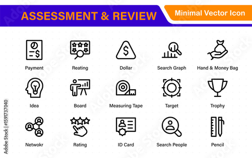 Assessment and review icon pack. Includes rating stars, surveys, feedback forms, and assessment tools.