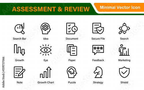 Assessment and review icon pack. Includes rating stars, surveys, feedback forms, and assessment tools.