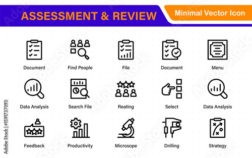 Assessment and review icon pack. Includes rating stars, surveys, feedback forms, and assessment tools.
