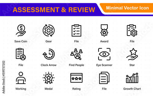 Assessment and review icon pack. Includes rating stars, surveys, feedback forms, and assessment tools.