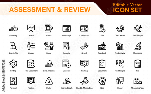 Assessment and review icon pack. Includes rating stars, surveys, feedback forms, and assessment tools.