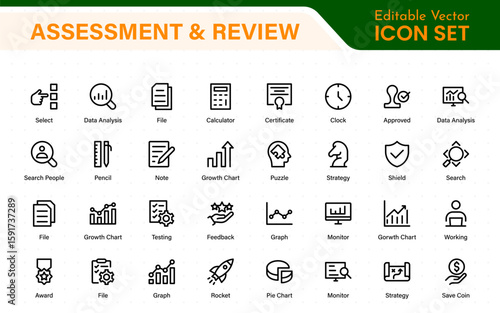 Assessment and review icon pack. Includes rating stars, surveys, feedback forms, and assessment tools.