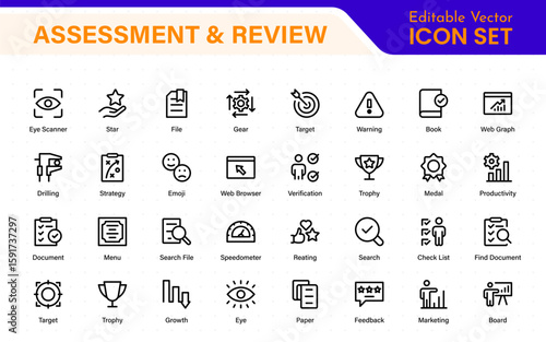 Assessment and review icon pack. Includes rating stars, surveys, feedback forms, and assessment tools.