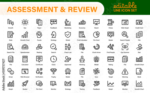 Assessment and review icon pack. Includes rating stars, surveys, feedback forms, and assessment tools.