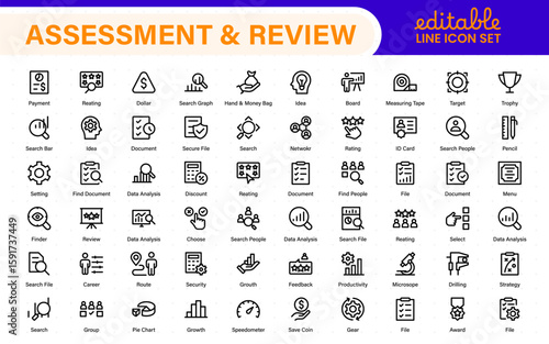 Assessment and review icon pack. Includes rating stars, surveys, feedback forms, and assessment tools.