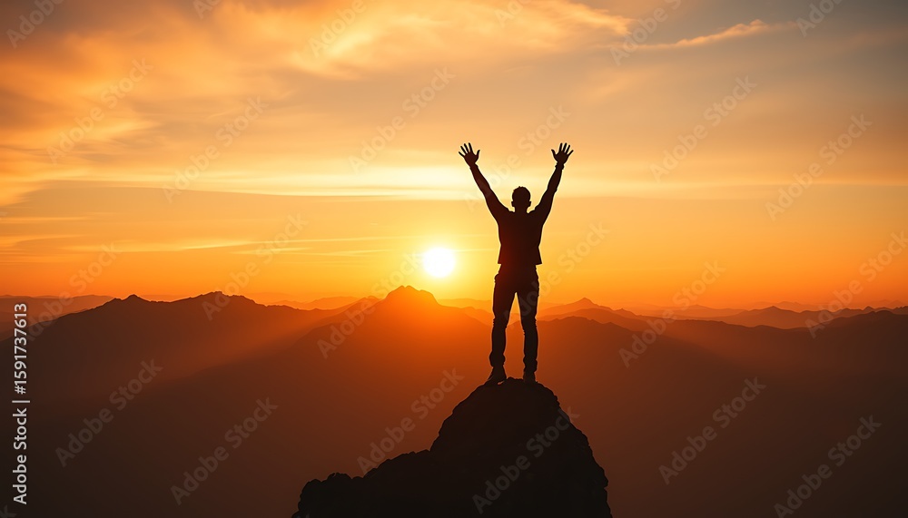 Victorious Climber Silhouette at Sunrise Summit Victorious Climber Silhouette at Sunrise Summit