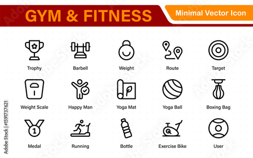 Gym and fitness icons set. Fitness exercise, football, gym, diet, jogging, weight, and more line icon.