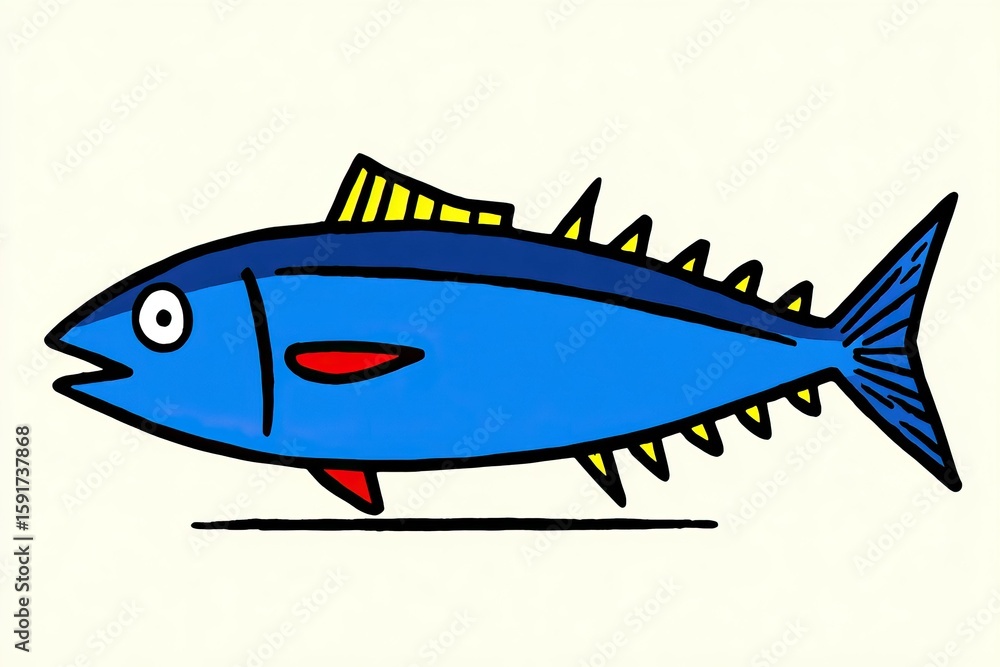 Obraz premium Cartoon tuna fish with blue body, isolated on cream background