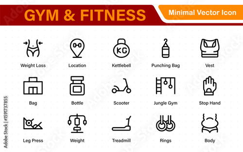 Gym and fitness icons set. Fitness exercise, football, gym, diet, jogging, weight, and more line icon.