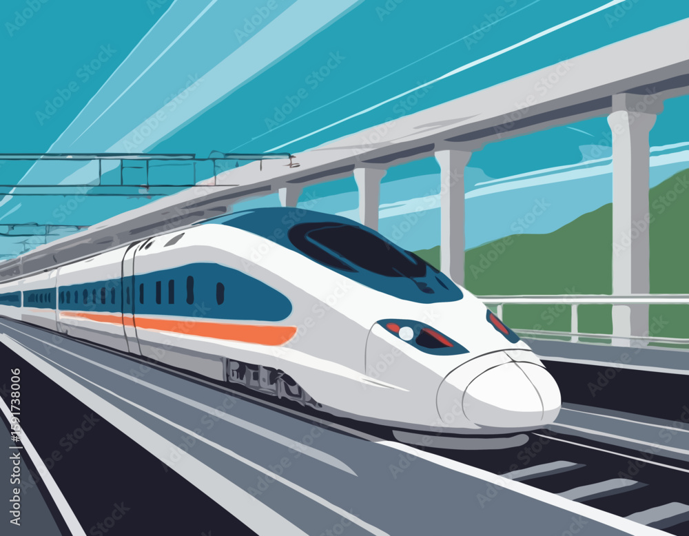 Fototapeta premium high-speed rail travel with a vector scene featuring streamlined trains traversing modern rail networks. efficiency of high-speed trains