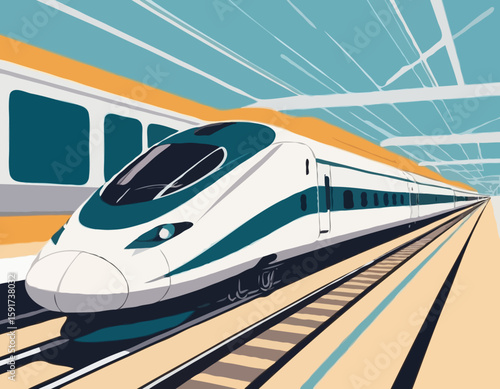 high-speed rail travel with a vector scene featuring streamlined trains traversing modern rail networks. efficiency of high-speed trains