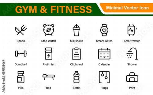 Gym and fitness icons set. Fitness exercise, football, gym, diet, jogging, weight, and more line icon.