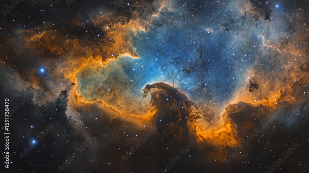 Fototapeta premium Cosmic nebula with vibrant orange and blue hues, interstellar gas and dust clouds, star formation.