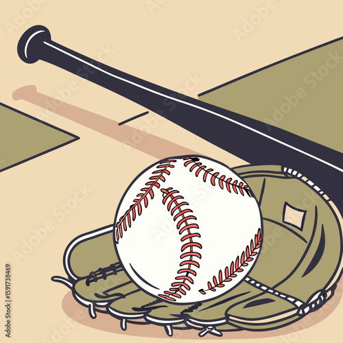 Baseball dans une mitaine avec une batte noire à faible angle vue de mise au point sélective sur un terrain de baseball