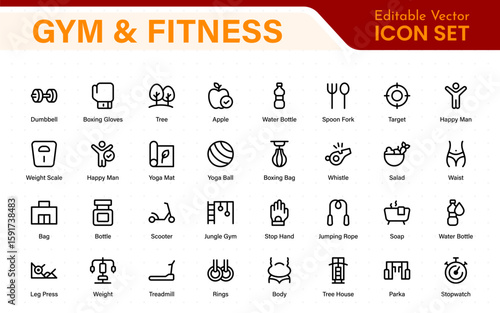 Gym and fitness icons set. Fitness exercise, football, gym, diet, jogging, weight, and more line icon.