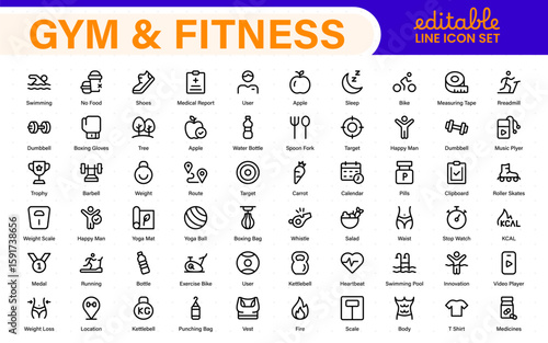 Gym and fitness icons set. Fitness exercise, football, gym, diet, jogging, weight, and more line icon.