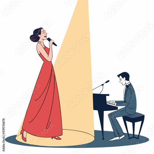 Beautiful woman opera singer in long red dress and musician pianist at piano on scene vector flat illustration, premiere