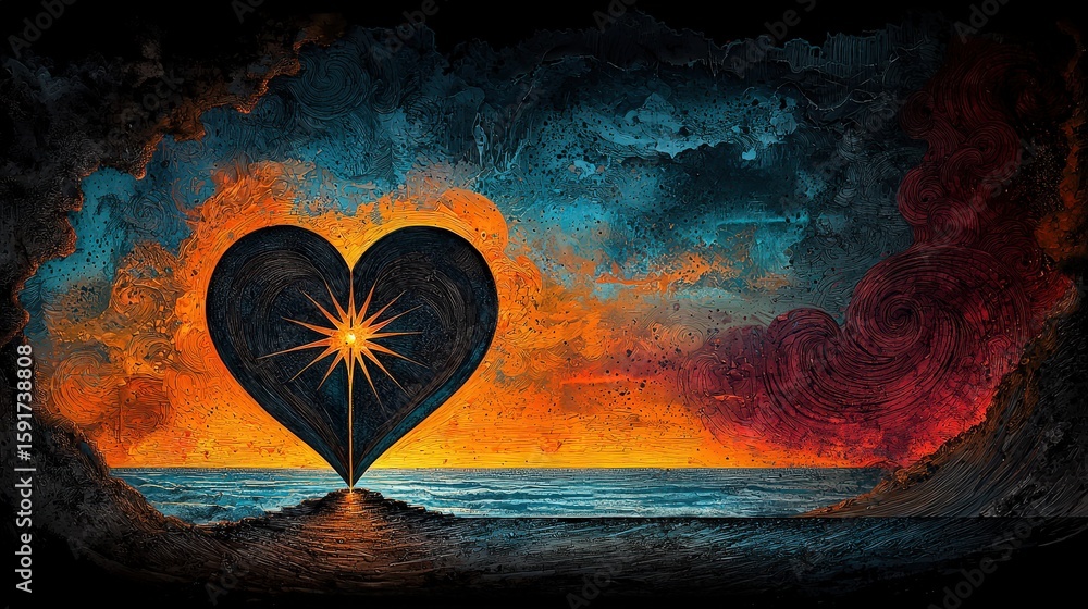Fototapeta premium Emotional sunset heart shape ocean view digital art serene environment artistic perspective love concept