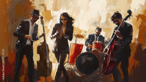 Artistic interpretation of a live jazz performance featuring stylish musicians
