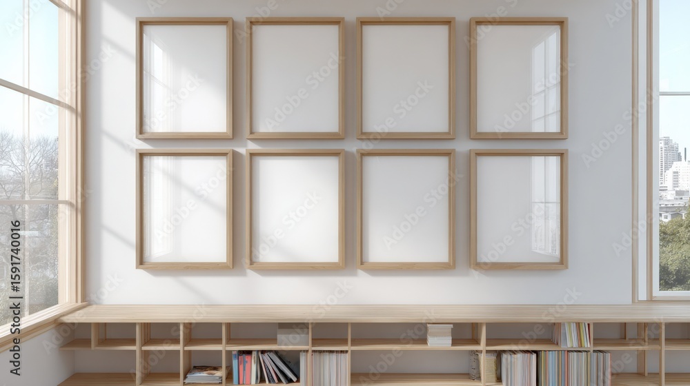 Fototapeta premium Elegant minimalist display wall with empty wooden frames arranged in a grid pattern in a bright modern room with large and natural light