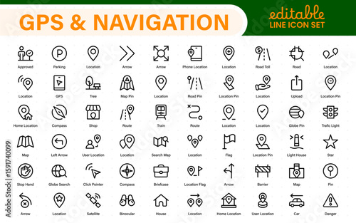 GPS and Navigation Line Icons Pack. Location marker, street map, travel route, direction arrow, geofence, and compass icons. Modern outline collection.