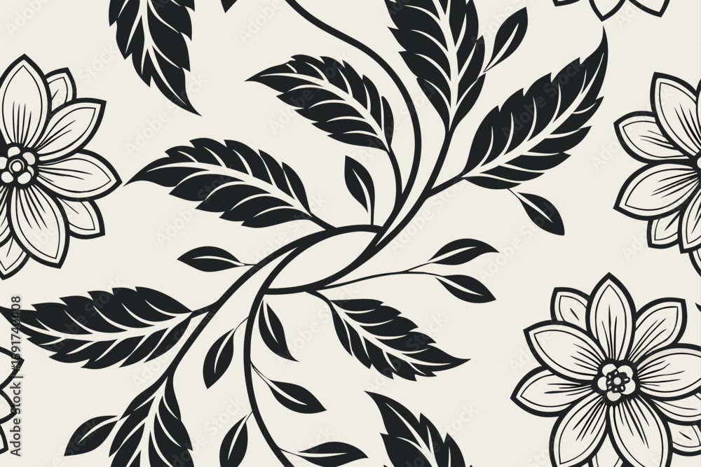 Fototapeta premium Black floral vines and flowers on cream floral pattern
