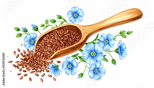 Flax seeds in a wooden scoop, surrounded by flowers