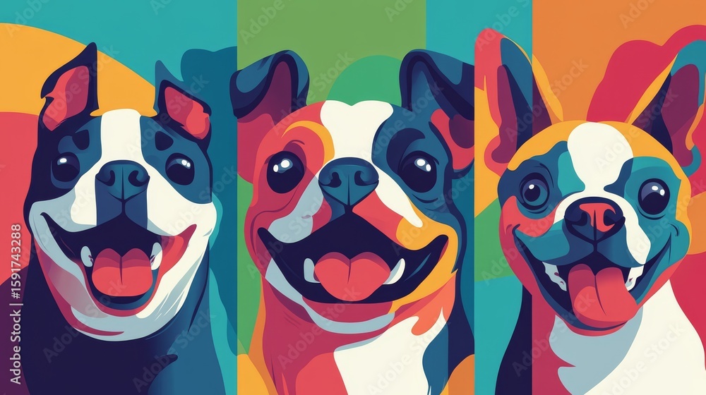 Fototapeta premium Delightful compilation of simplified dog face illustrations ranging from tiny yorkies to large saint bernards, modern minimalist vector style with bold defining features, playful expressions with