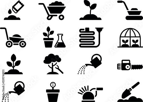 Collection of black and white icons representing gardening and plant care activities