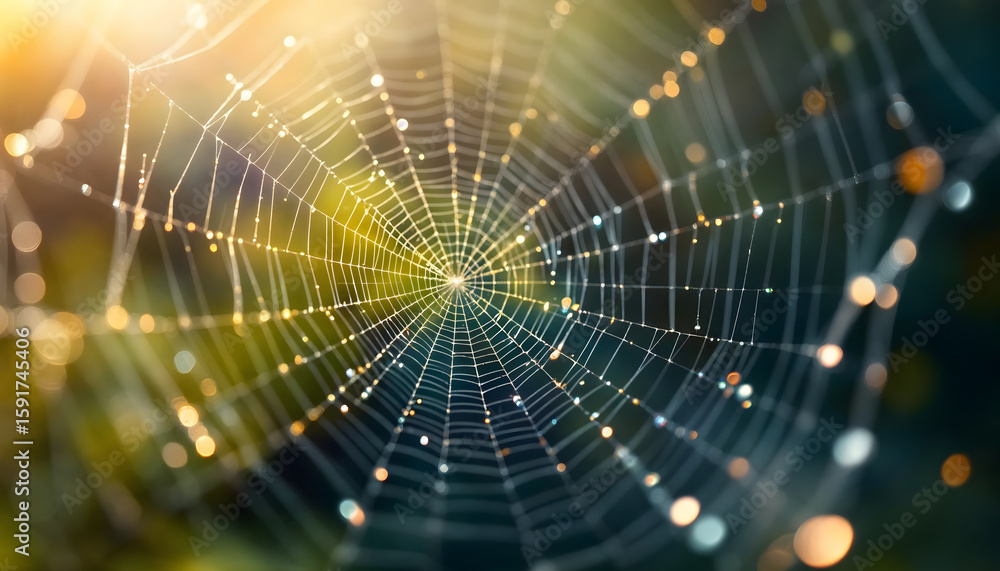Naklejka premium Spiderweb with Dewdrops Sparkling in Morning Sunlight Close Up