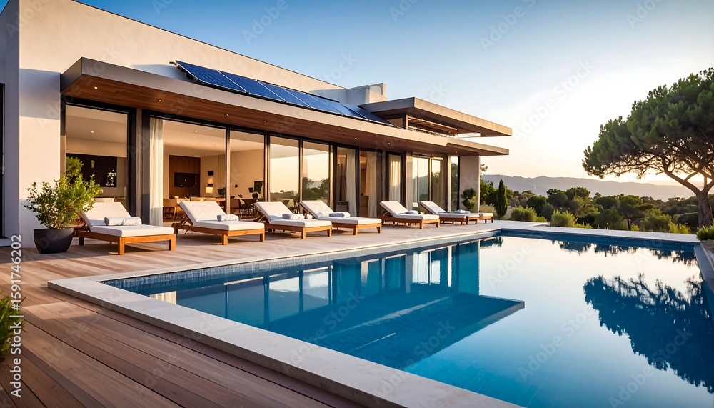 Fototapeta premium Modern villa with pool overlooking landscape