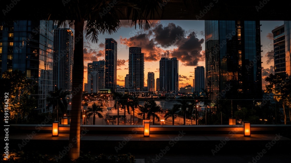 Fototapeta premium Sunset cityscape miami urban photography evening elevated view vibrant atmosphere