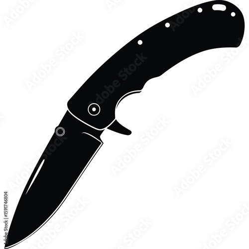 Black Silhouette Folding Knife, Pocket Knife Icon, Sharp Blade, EDC Tool