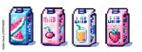 Vector illustration in retro pixel art style. Theme: fruit juice boxes featuring cherry, strawberry, watermelon designs. Bright blue, pink, red, green colors with geometric, blocky shapes.
