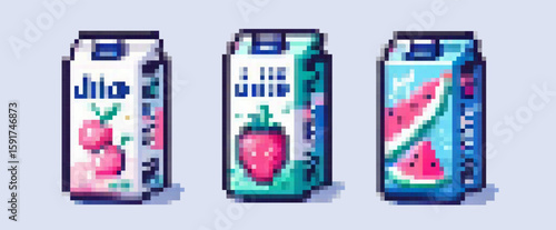 Vector illustration in retro pixel art style. Theme: fruit juice boxes featuring cherry, strawberry, watermelon designs. Bright blue, pink, red, green colors with geometric, blocky shapes.
