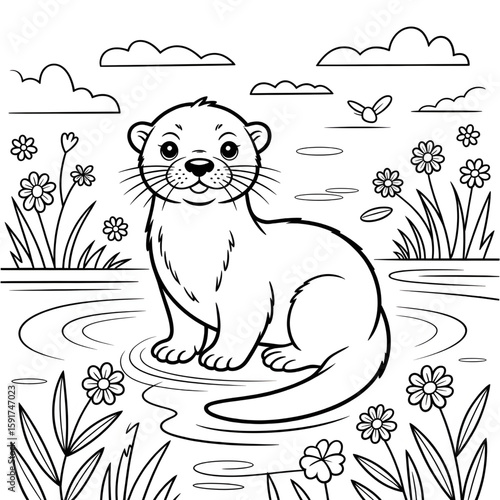 A black and white otter illustration vector style coloring page