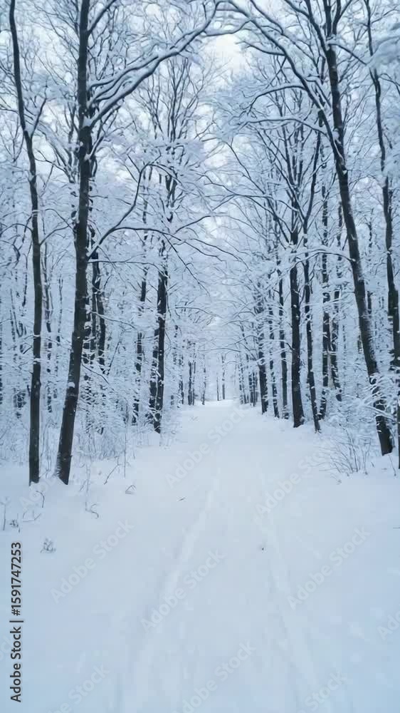 Snowy forest path with white trees on winter morning Snowy forest path with white trees on winter morning