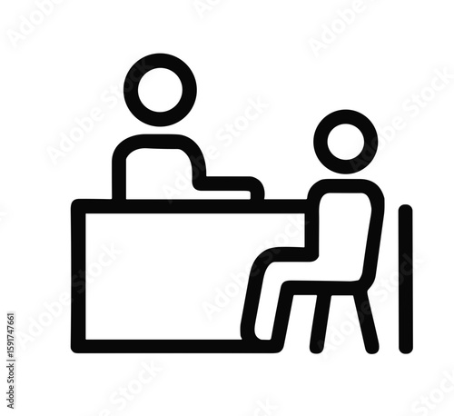 Two people sitting at a desk during a conversation, icon style  