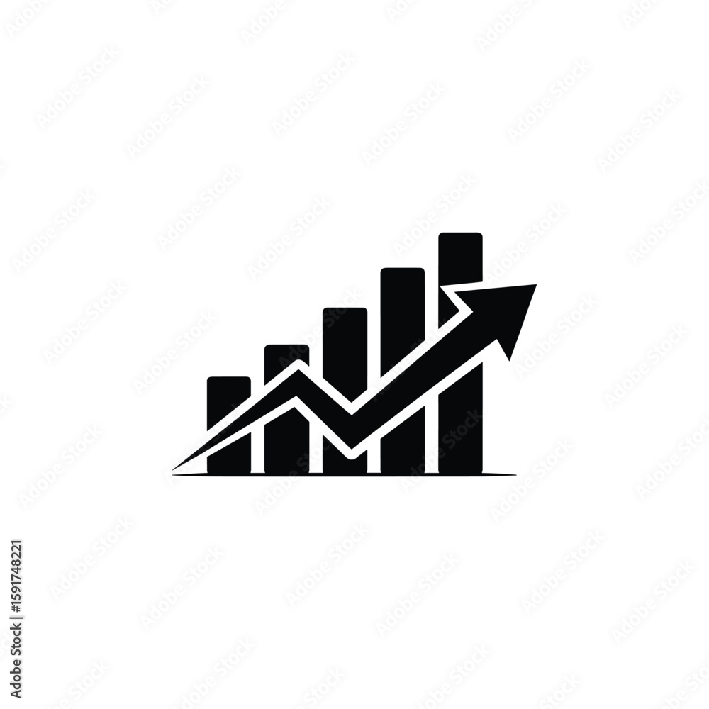 Fototapeta premium Black upward growth chart icon with arrow and bar graph on white background representing business success and financial progress