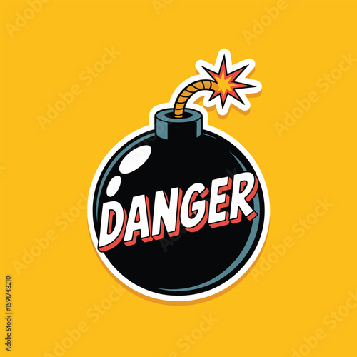 Black cartoon bomb with lit fuse and word danger on yellow background explosion