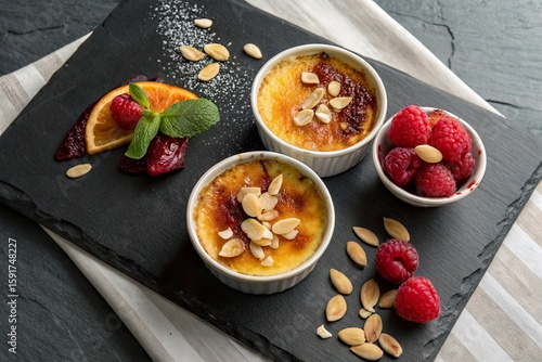 Delicious dessert display featuring creamy custard topped with almonds and fresh berries