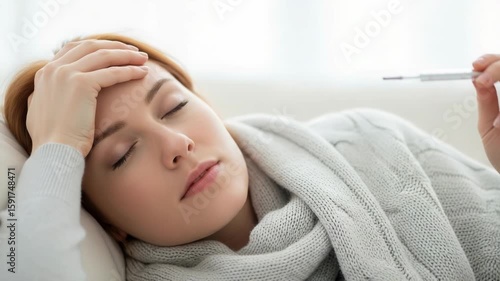 A young woman lies in bed, feeling unwell and holding a thermometer to check her temperature, battling a fever and headache
