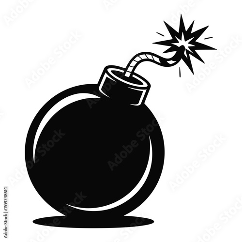 Black cartoon bomb with lit fuse and explosion starburst vector
